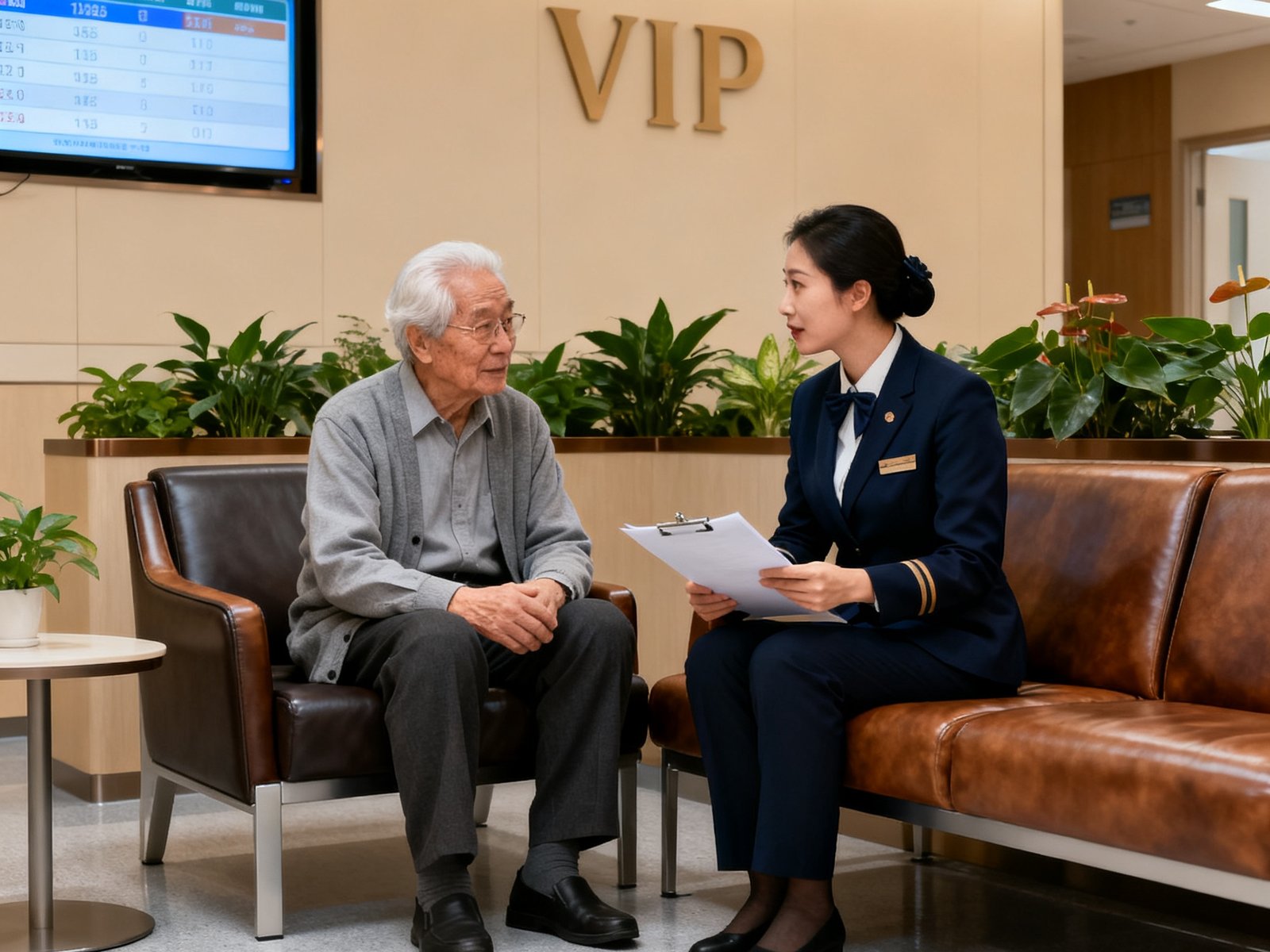礼宾专员陪同银发长者坐在三甲医院VIP候诊区，专员手持病历资料与老人轻声交流，环境安静舒适