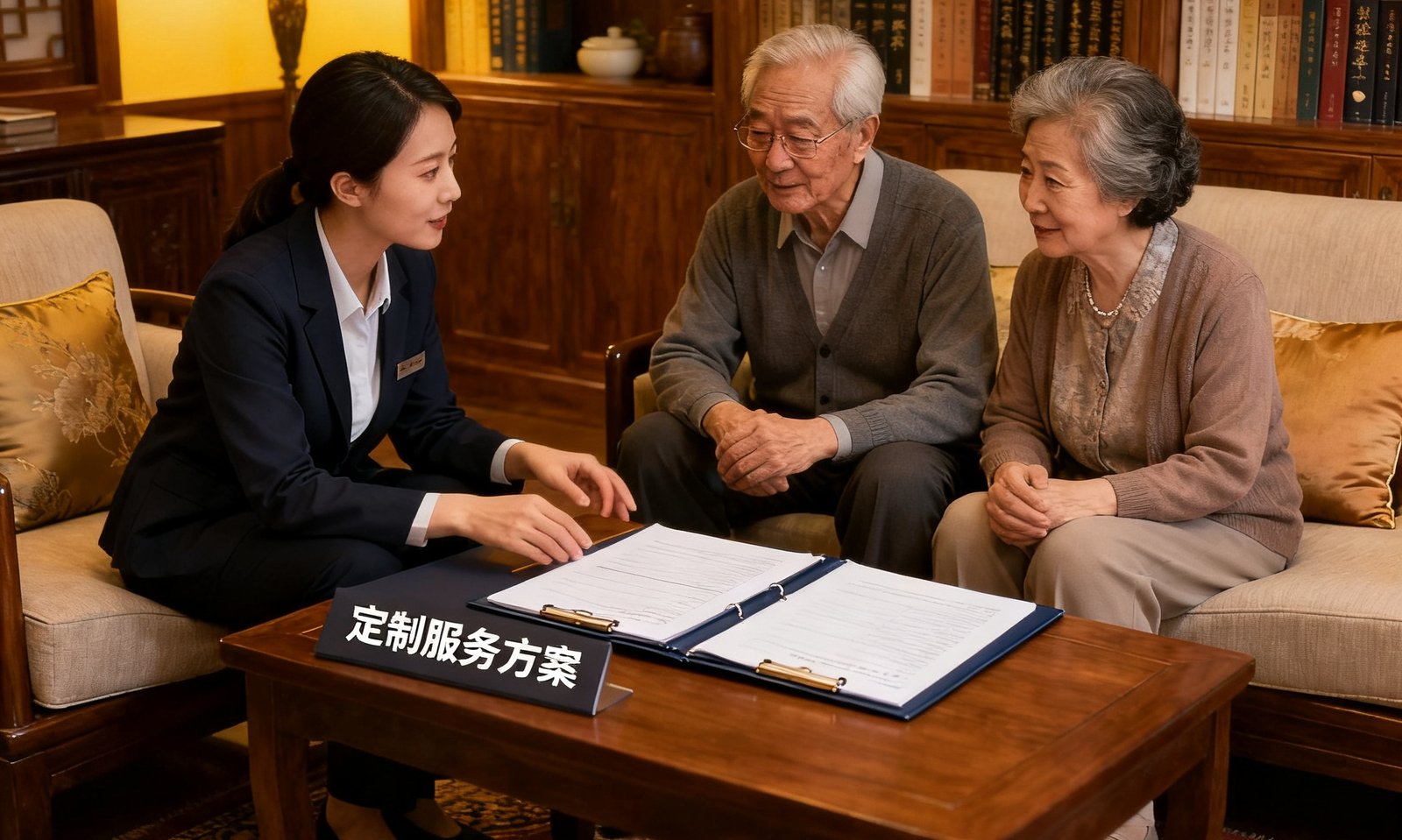 康养顾问坐在典雅的书房中与一对老年夫妇深入交流，桌上摊开着定制服务方案文件夹，氛围温馨而专业
