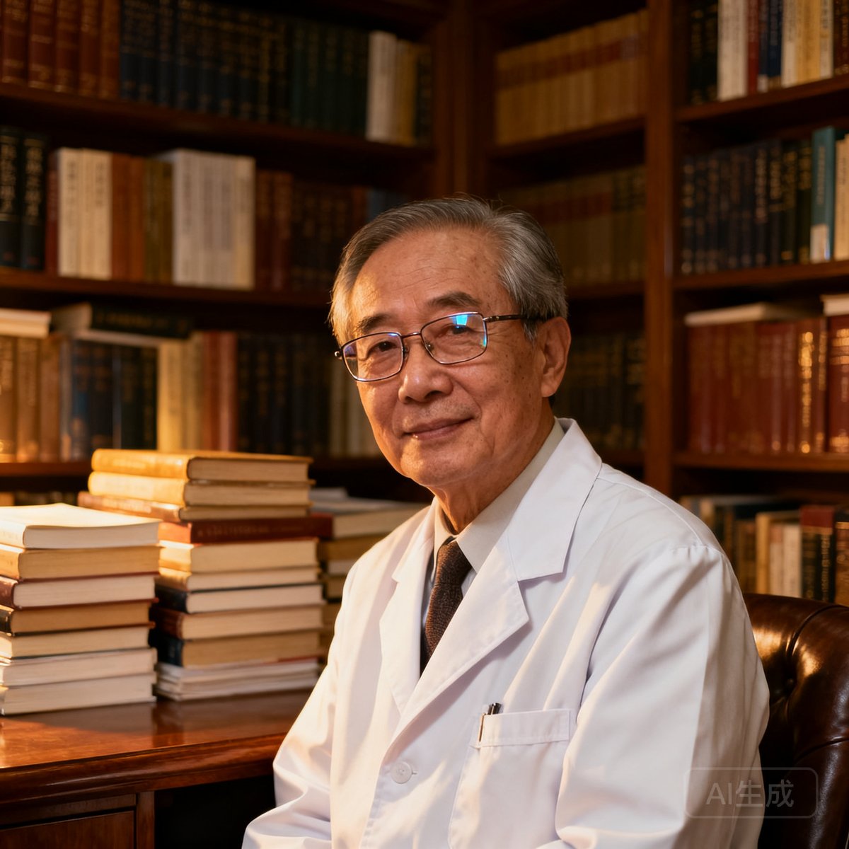 首席医疗顾问李教授，六十五岁左右，戴眼镜，穿白大褂，背景为堆满医学书籍的书房，气质儒雅专业