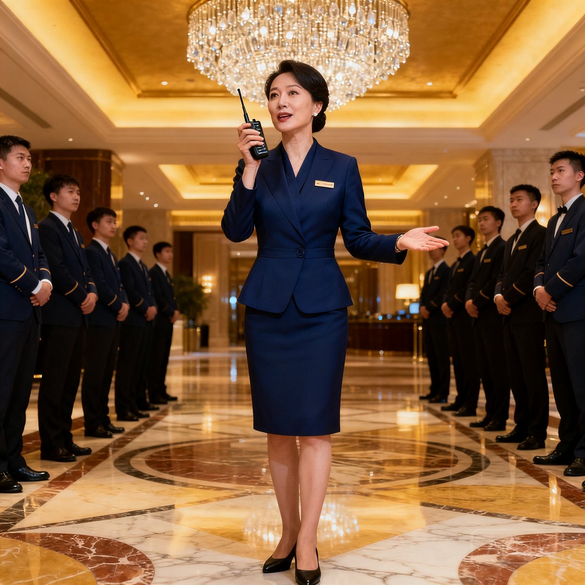 礼宾总监周若琳女士，四十岁左右，身着优雅的深蓝色套装，手持对讲设备，站在豪华酒店大堂中指挥礼宾团队