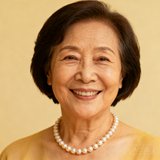 68岁的王姨笑容温暖，短发干练，颈间佩戴一条珍珠项链，气质优雅大方
